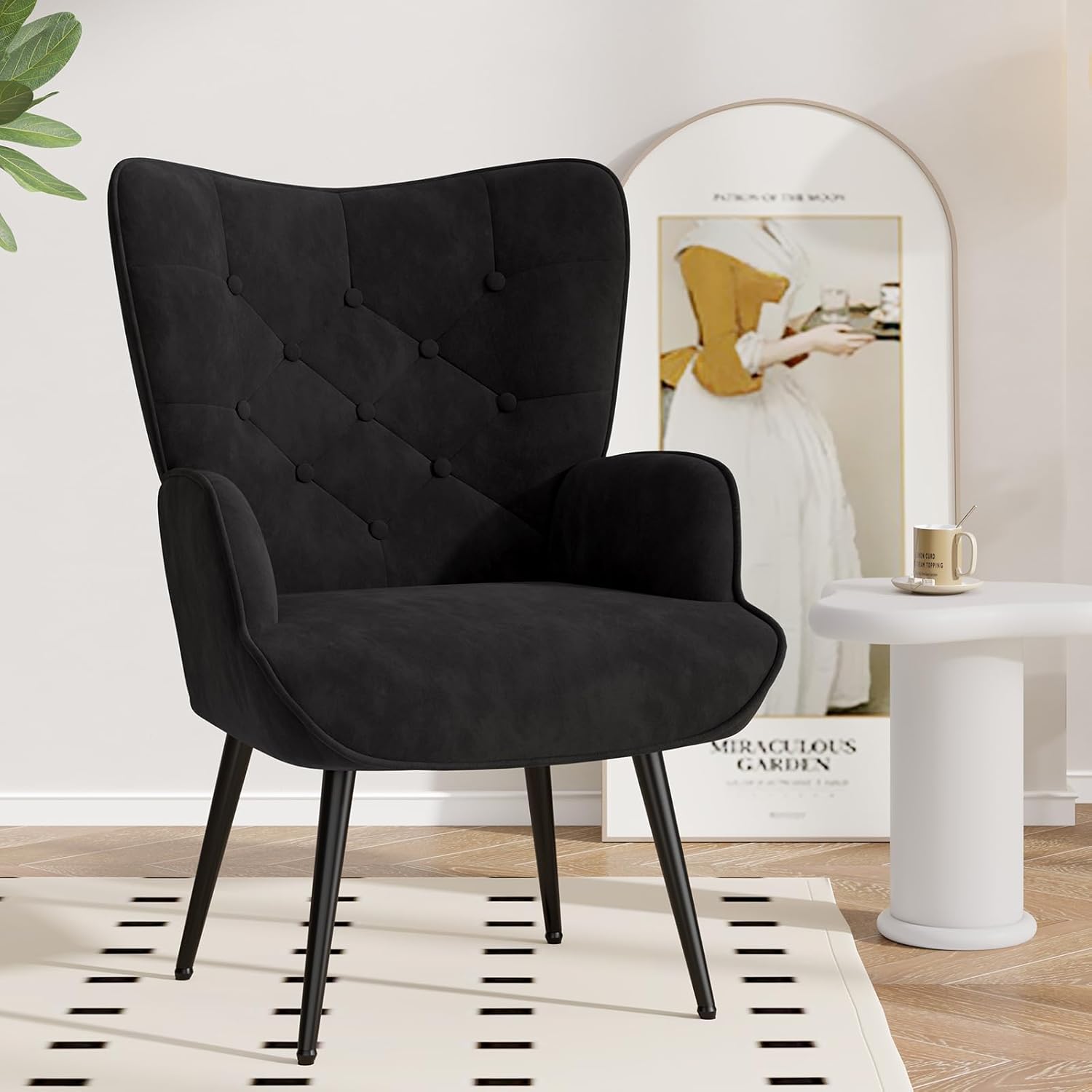 Velvet Tufted Accent Chair with Walnut Wood Legs
