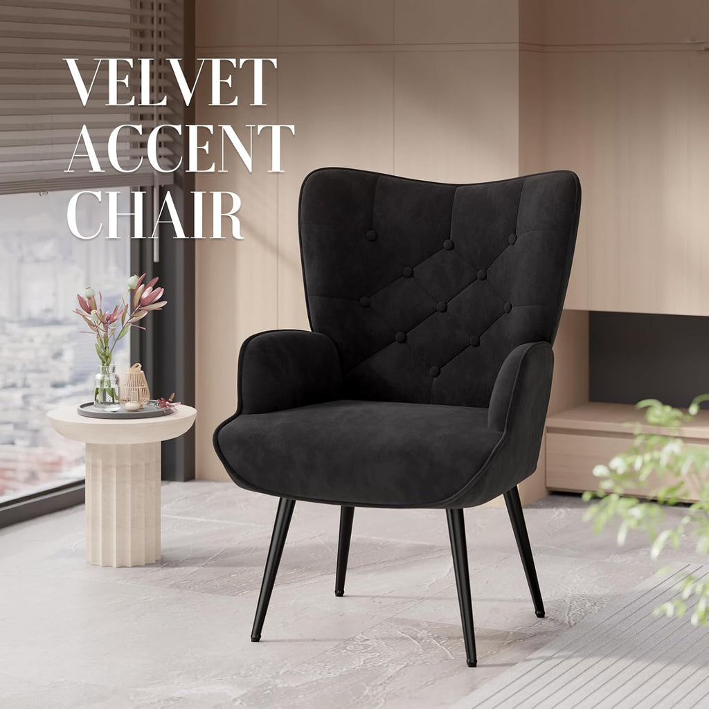 Velvet Tufted Accent Chair with Walnut Wood Legs